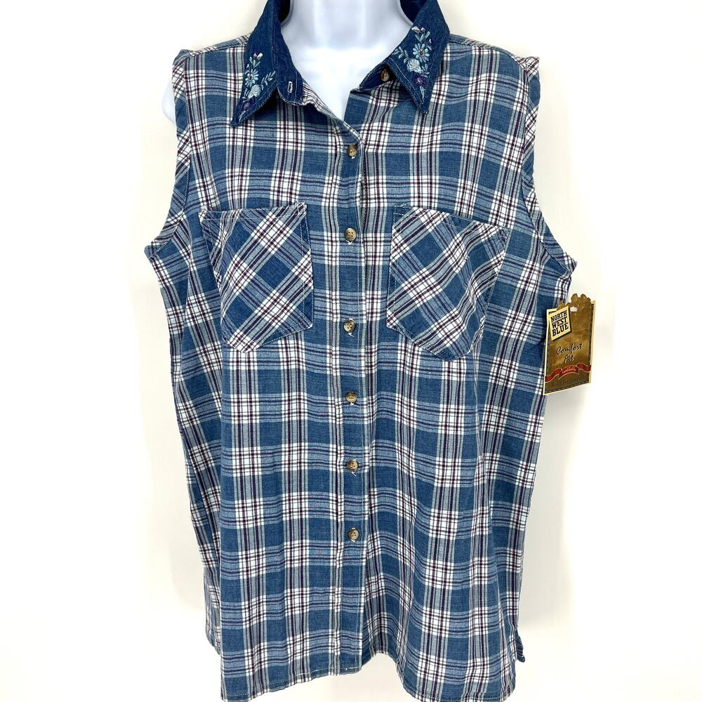 Vintage NWT Stock Northwest Blue Sleeveless Womens Plaid Button Up Embroidered M